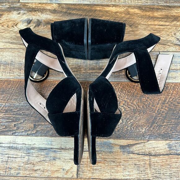 J. Crew Black Velvet Penny Sandals Women's 8.5 Chunky Block Heels Cross Strap - Picture 7 of 9